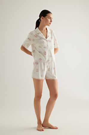 Kadın Pamuklu Kısa Kollu Gömlek Şortlu Pijama Takımı