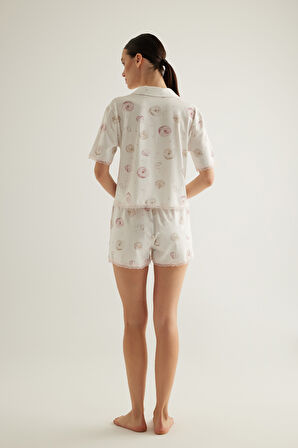 Kadın Pamuklu Kısa Kollu Gömlek Şortlu Pijama Takımı