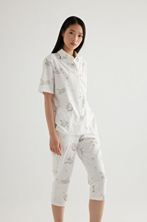 Kadın Pamuklu Kısa Kollu Gömlek Pijama Üstü