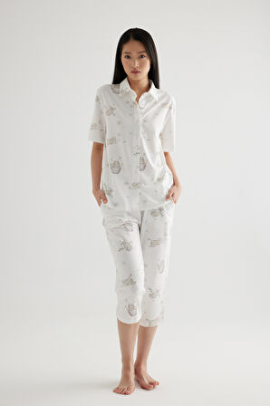 Kadın Pamuklu Kısa Kollu Gömlek Pijama Üstü