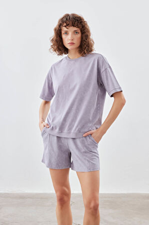 Kadın Pamuklu Yıkamalı Kısa Kollu T-shirt