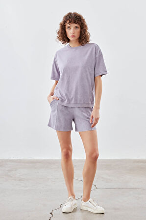 Kadın Pamuklu Yıkamalı Kısa Kollu T-shirt