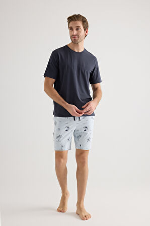 Erkek Pamuklu Kısa Kollu Şortlu Pijama Takımı