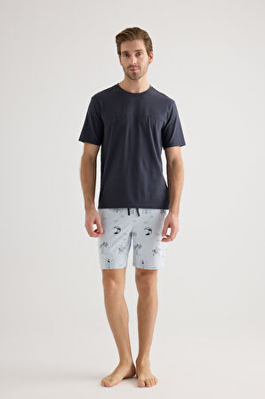 Erkek Pamuklu Kısa Kollu Şortlu Pijama Takımı
