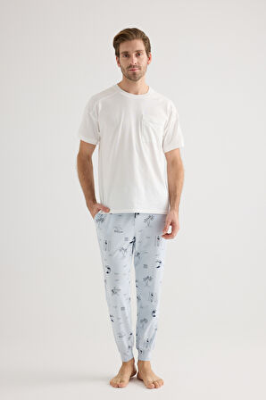 Erkek Pamuklu Kısa Kollu Uzun Pijama Takımı