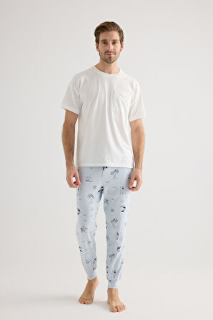 Erkek Pamuklu Kısa Kollu Uzun Pijama Takımı
