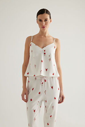 Kadın Pamuklu V Yaka Büzgülü İnce Askılı Atlet Pijama Üstü