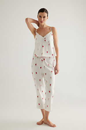 Kadın Pamuklu İnce Askılı V Yaka Atlet Kapri Pijama Takımı