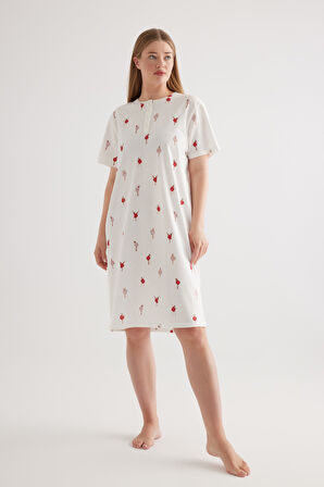 Kadın Plus Size Pamuklu Patlı Kısa Kollu Gecelik