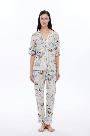 Kadın Viskon Kısa Kollu Gömlek Uzun Pijama Takımı