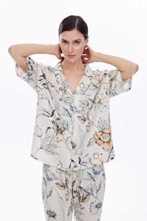 Kadın Viskon Kısa Kollu Gömlek Uzun Pijama Takımı