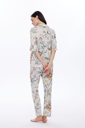 Kadın Viskon Kısa Kollu Gömlek Uzun Pijama Takımı