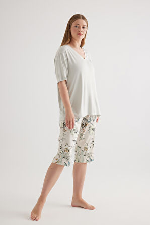 Kadın Plus Size Viskon V Yaka Kısa Kollu Kapri Pijama Takımı