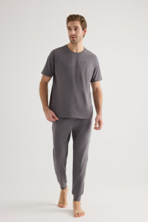 Erkek Pamuklu Kısa Kollu Uzun Pijama Takımı