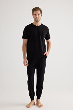 Erkek Pamuklu Kısa Kollu Uzun Pijama Takımı