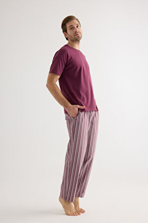 Erkek Pamuklu Kısa Kollu Uzun Pijama Takımı