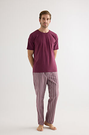 Erkek Pamuklu Kısa Kollu Uzun Pijama Takımı
