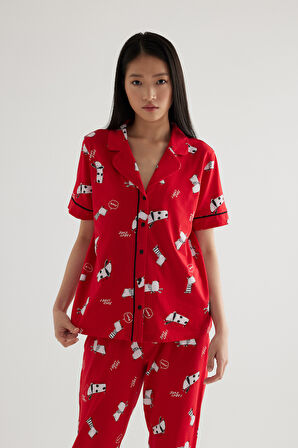 Kadın Pamuklu Kısa Kollu Gömlek Kapri Pijama Takımı
