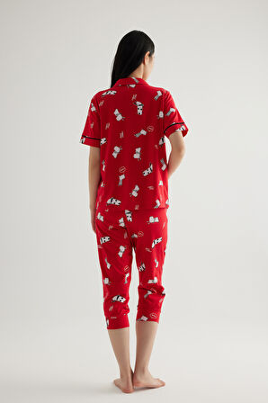 Kadın Pamuklu Kısa Kollu Gömlek Kapri Pijama Takımı