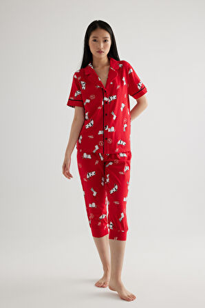 Kadın Pamuklu Kısa Kollu Gömlek Kapri Pijama Takımı