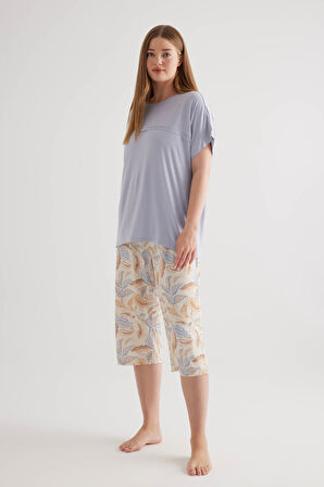 Kadın Plus Size Viscose Kısa Kollu Kapri Pijama Takımı