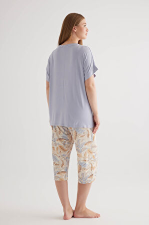 Kadın Plus Size Viscose Kısa Kollu Kapri Pijama Takımı