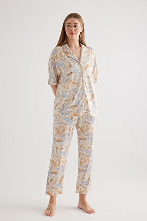 Kadın Plus Size Viscose Kısa Kol Gömlek Uzun Pijama Takımı