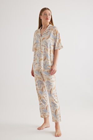 Kadın Plus Size Viscose Kısa Kol Gömlek Uzun Pijama Takımı