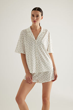 Kadın Pamuklu Kısa Kollu Gömlek Pijama Üstü