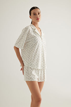 Kadın Pamuklu Kısa Kollu Gömlek Pijama Üstü