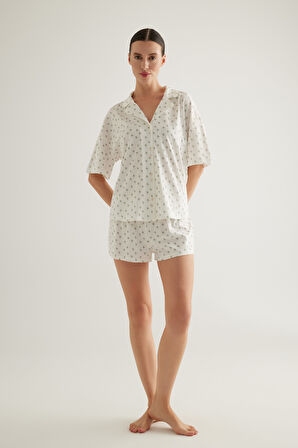 Kadın Pamuklu Gömlek Yaka Şortlu Pijama Takımı