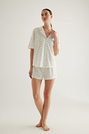 Kadın Pamuklu Gömlek Yaka Şortlu Pijama Takımı