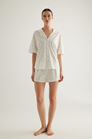 Kadın Pamuklu Gömlek Yaka Şortlu Pijama Takımı