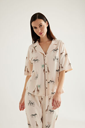 Kadın Pamuklu Kısa Kollu Gömlek Pijama Üstü