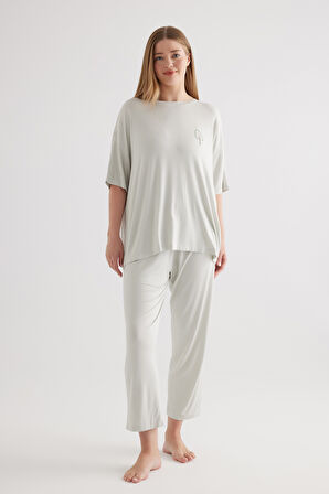 Kadın Plus Size Viscose Kısa Kollu Uzun Pijama Takımı