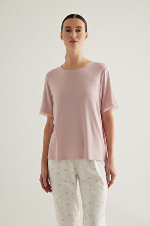 Kadın Pamuklu Dantel Detaylı Kısa Kol Uzun Pijama Takımı