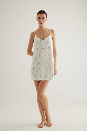 Kadın Pamuklu Düğmeli İp Askılı Gecelik