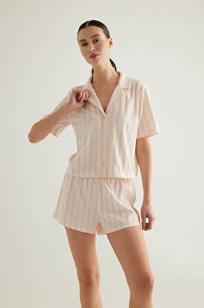 Kadın Pamuklu Kısa Kollu Gömlek Yaka Pijama Üstü