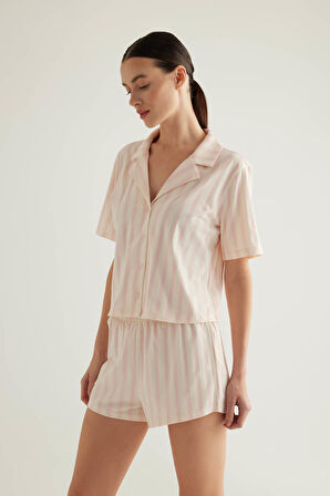 Kadın Pamuklu Kısa Kollu Gömlek Yaka Pijama Üstü