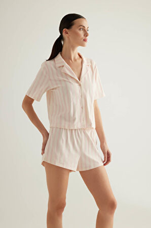 Kadın Pamuklu Kısa Kollu Gömlek Yaka Pijama Üstü