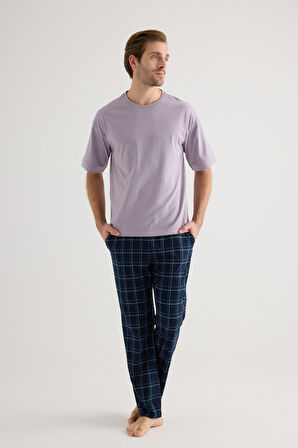 Erkek Pamuklu Kısa Kollu Uzun Pijama Takımı