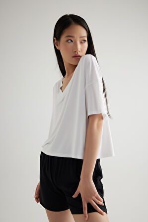 Kadın Modal V Yaka Kısa Kollu Pijama Üst