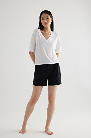 Kadın Modal V Yaka Kısa Kollu Pijama Üst