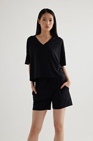 Kadın Modal V Yaka Kısa Kollu Pijama Üst