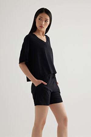Kadın Modal V Yaka Kısa Kollu Pijama Üst
