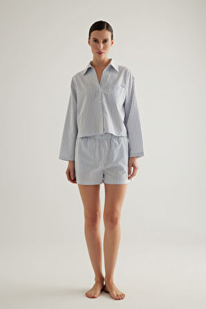 Kadın Çizgili Dokuma Cepli Şort Pijama Altı
