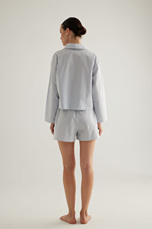 Kadın Çizgili Dokuma Cepli Şort Pijama Altı