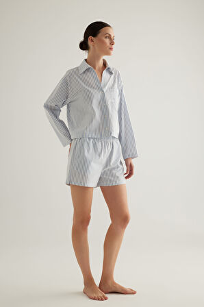Kadın Çizgili Dokuma Cepli Şort Pijama Altı