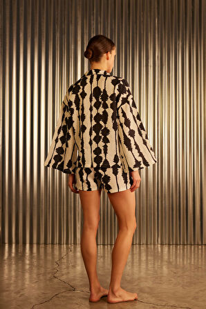 Kadın Keten Dokuma Yırtmaç Detaylı Gömlek