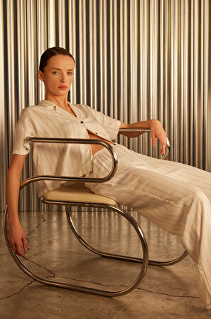 Kadın Çizgili Dokuma Kısa Kollu Gömlek